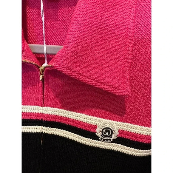 St.‎ John Sport Pink Black Striped Knit Collared Zip Up Jacket Size Small - Picture 2 of 6